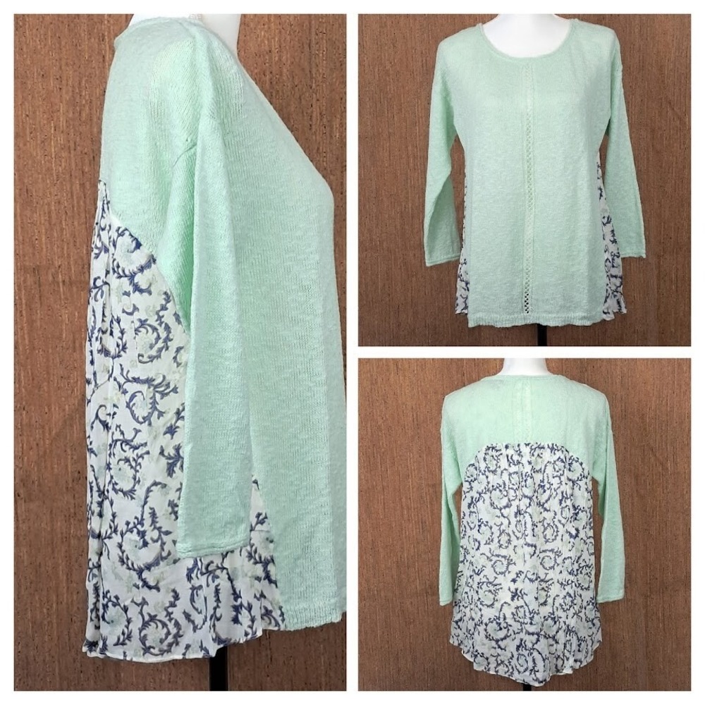 LUCKY BRAND Sz Sm Boho Top Mint Green Linen Blend‎ Front Rayon Blue Print Back